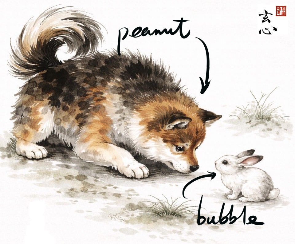 Peanut the dog and Bubble the rabbit